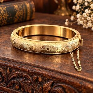 Vintage 1950s Bracelet Gold Filled Shell Floral Scroll Victorian Revival - 15K